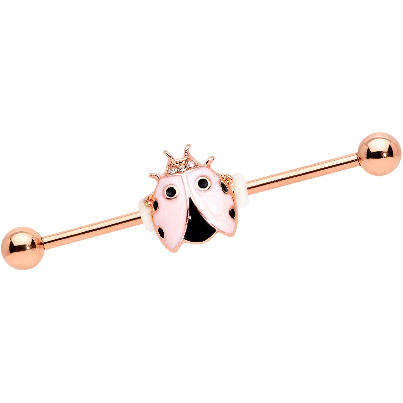 Women's Earrings – Elegant Designs for Every Personality--14 Gauge Clear Gem Rose Gold Tone Lil Ladybug Industrial Barbell 38mm