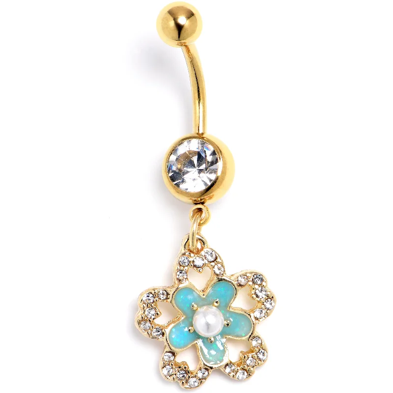 Comfortable Belly Rings with Custom Design -Clear Gem Gold Tone Flower Double Blue Dangle Belly Ring Comfortable Belly Rings with Custom Design -Clear Gem Gold Tone Flower Double Blue Dangle Belly Ring