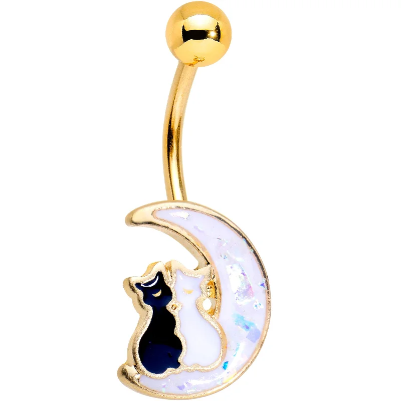 Belly Rings with Stone Accents for Elegant Style -Gold Tone Plated Cuddling Kitties Over The Moon Belly Ring