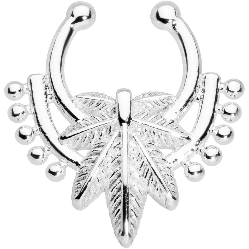 Stylish Nose Rings with Gemstone Accents -Ornate Pot Leaf Clip On Fake Septum Ring