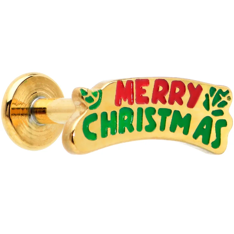 Comfortable Lip Rings for a Perfect Fit16 Gauge 5/16 Gold Tone Merry Christmas Inlaid Labret Monroe Tragus