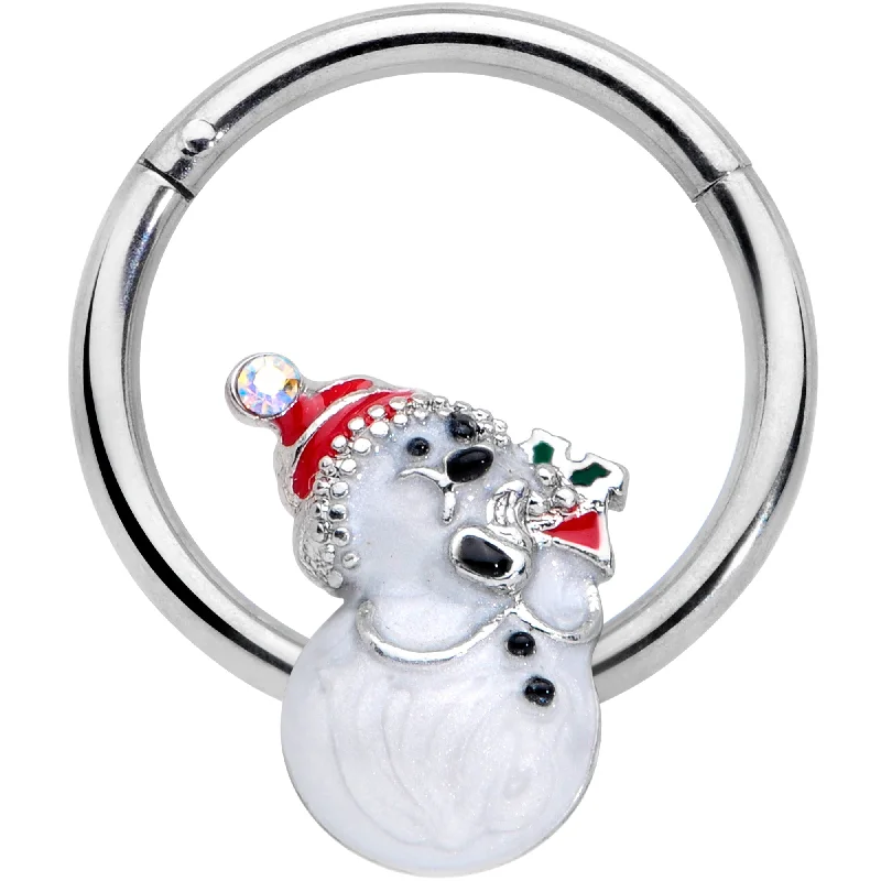 Nose Rings with Stunning Designs -16 Gauge 3/8 Clear Gem Snowman Christmas Hinged Segment Ring