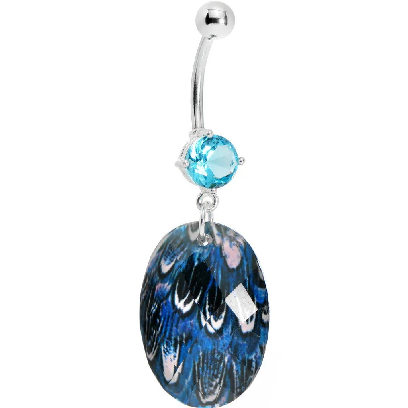 Belly Rings with Glittering Stones for Extra Shine -Prong Set Blue Gem Paradise Feather Oval Dangle Belly Ring Belly Rings with Glittering Stones for Extra Shine -Prong Set Blue Gem Paradise Feather Oval Dangle Belly Ring