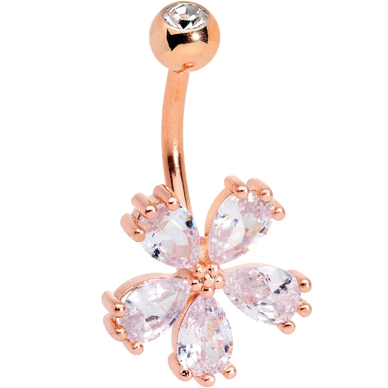 Statement Belly Rings for Bold Style -Clear CZ Gem Rose Gold Tone Perfect Petals Flower Belly Ring Statement Belly Rings for Bold Style -Clear CZ Gem Rose Gold Tone Perfect Petals Flower Belly Ring