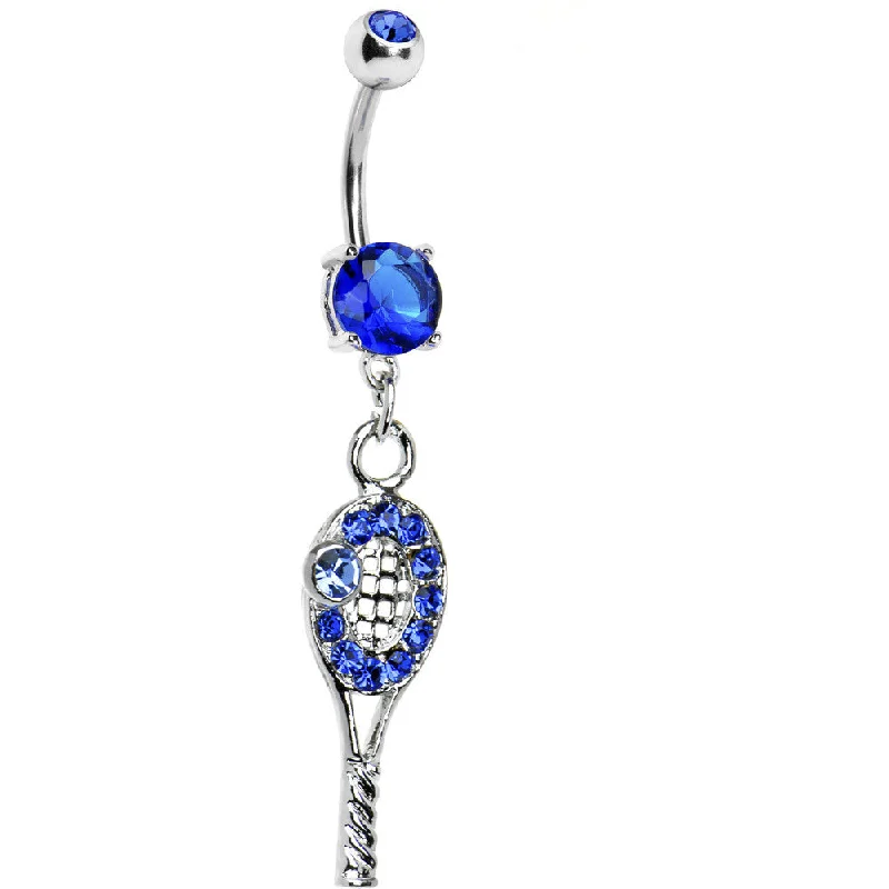 Belly Rings with Vibrant Gemstone Colors -Sapphire Blue Cubic Zirconia Tennis Racket Belly Ring Belly Rings with Vibrant Gemstone Colors -Sapphire Blue Cubic Zirconia Tennis Racket Belly Ring