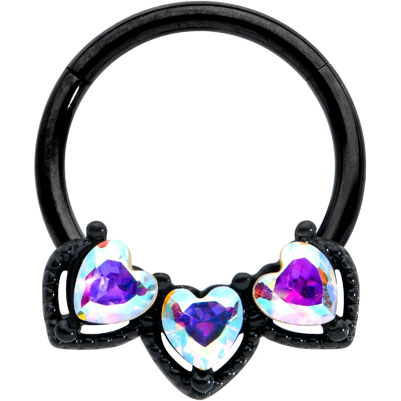 Gold Nose Rings -16 Gauge 3/8 Aurora Gem Black Rococo Trio Heart Hinged Segment Ring Gold Nose Rings -16 Gauge 3/8 Aurora Gem Black Rococo Trio Heart Hinged Segment Ring