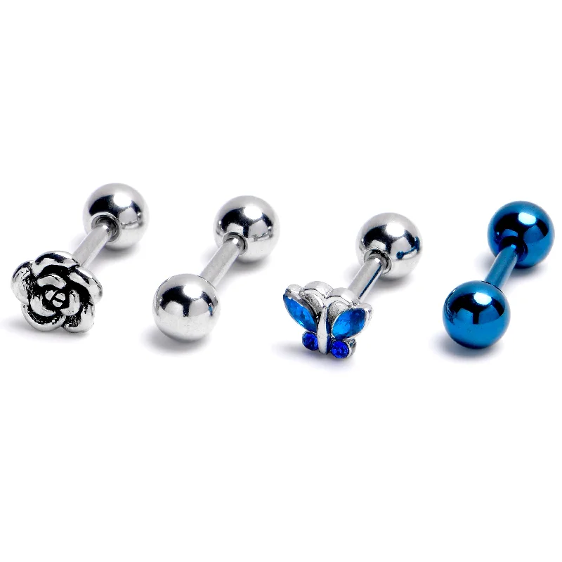 Women's Earrings – Elegant Designs for Every Personality--16 Gauge 1/4 Blue Butterfly Rose Flower Cartilage Earring Curation Set of 4