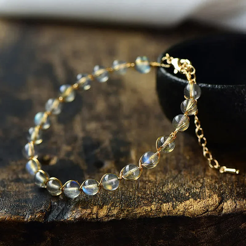Bold Wedding Bangles for Women-Buddha Stones Natural Moonstone 14K Gold Healing Positive Bracelet