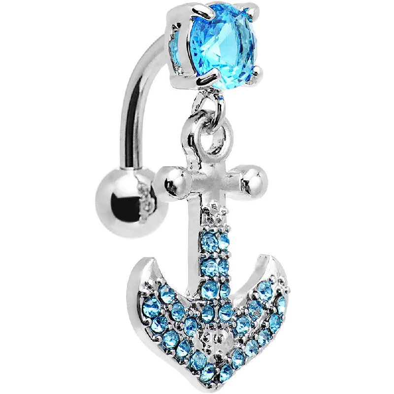 Comfortable Belly Rings with Radiant Detail -Aqua Gem Paved Set My Sails Anchor Top Mount Dangle Belly Ring Comfortable Belly Rings with Radiant Detail -Aqua Gem Paved Set My Sails Anchor Top Mount Dangle Belly Ring
