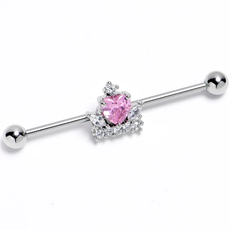 Women's Earrings – Elegant Designs for Every Personality--14 Gauge Pink Clear CZ Gem Heart Crown Industrial Barbell 38mm