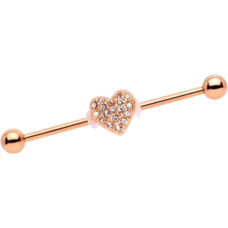 Women's Earrings – Elegant Designs for Every Personality--14 Gauge Clear Gem Heart Rose Gold Anodized Straight Industrial Barbell 38mm