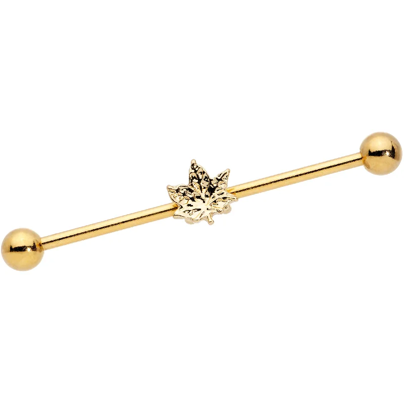 Women's Earrings – Elegant Designs for Every Personality--14 Gauge Golden Pot Leaf Industrial Barbell 38mm