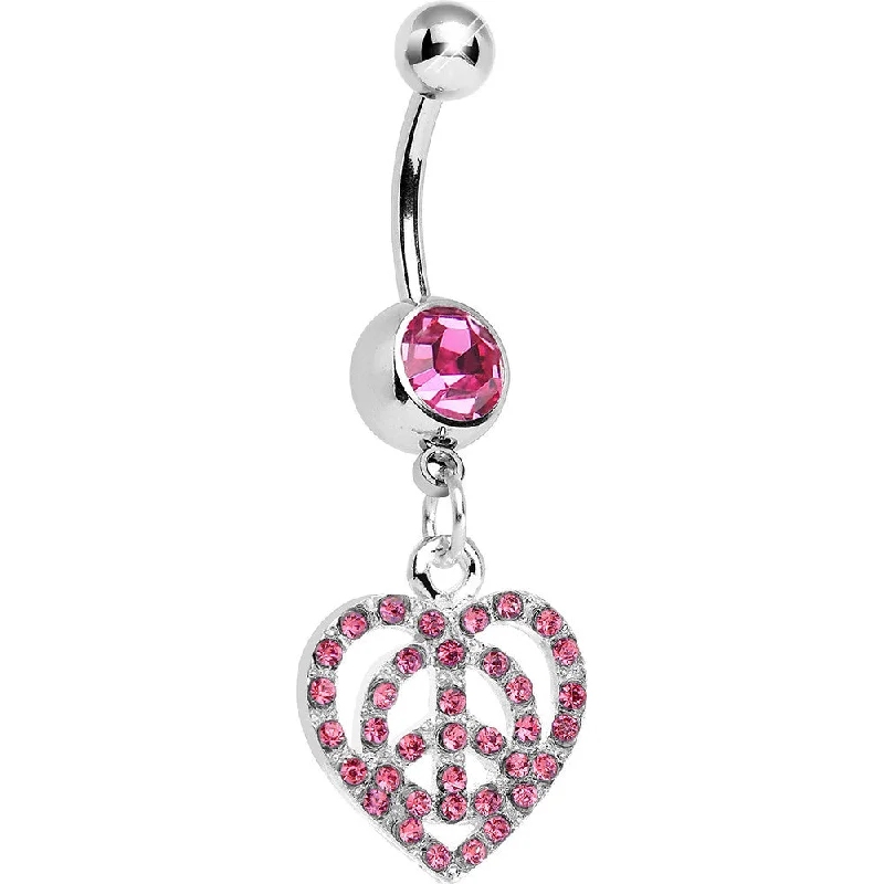Designer Belly Rings for Glamorous Appeal -Pink Gem Paved Peace Sign Heart Dangle Belly Ring Designer Belly Rings for Glamorous Appeal -Pink Gem Paved Peace Sign Heart Dangle Belly Ring