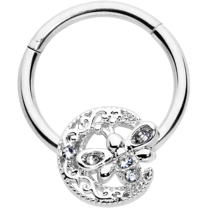 Chic Nose Rings -16 Gauge 3/8 Clear Gem Lunar Dragonfly Hinged Segment Ring