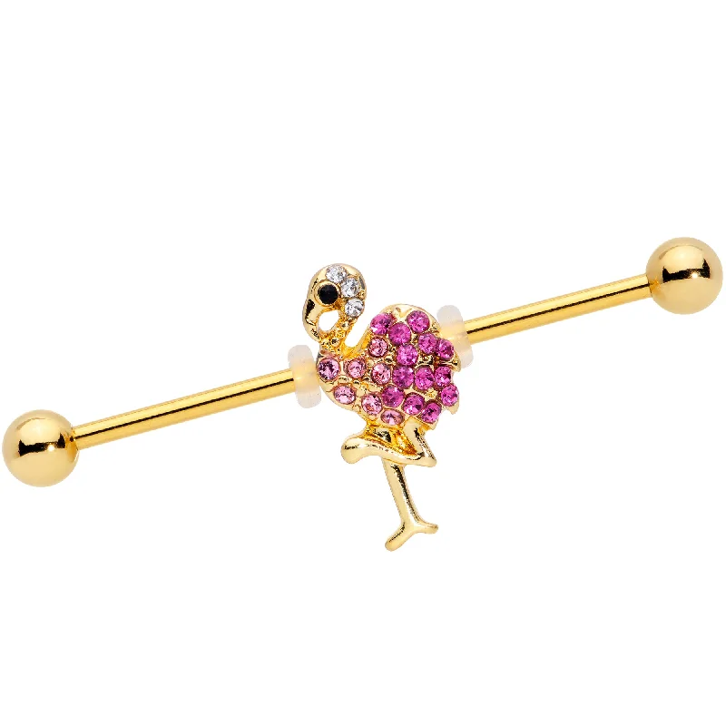 Women's Earrings – Elegant Designs for Every Personality--14 Gauge Pink Gem Gold Tone Fashion Flamingo Industrial Barbell 38mm