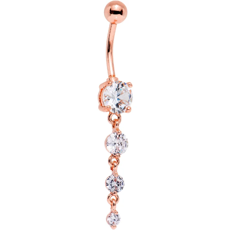 Trendy Belly Rings for Bold Looks -Clear Gem Rose Gold PVD Stunning Strand Dangle Belly Ring