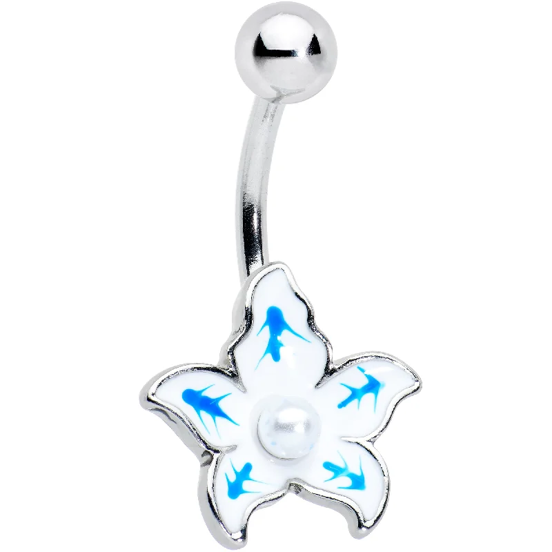 Comfortable Belly Rings for Fashion-Forward Women -White Pearlescent Orb Blue White Flower Belly Ring Comfortable Belly Rings for Fashion-Forward Women -White Pearlescent Orb Blue White Flower Belly Ring