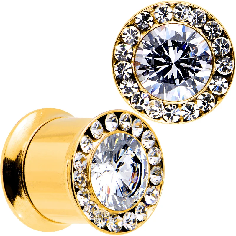 Women's Earrings – Elegant Designs for Every Personality--00 Gauge Clear CZ Gem Gold PVD Goddess of Glam Screw Fit Plug Set