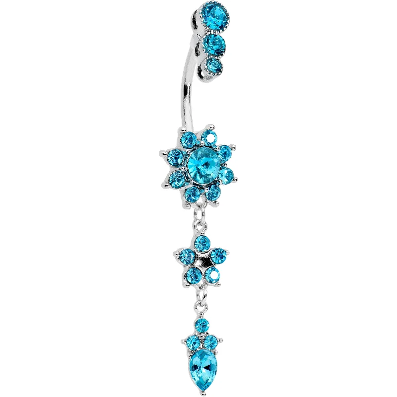Belly Rings with Designer Touch -Blue Gem Triple Top Double Flower Drop Dangle Belly Ring Belly Rings with Designer Touch -Blue Gem Triple Top Double Flower Drop Dangle Belly Ring