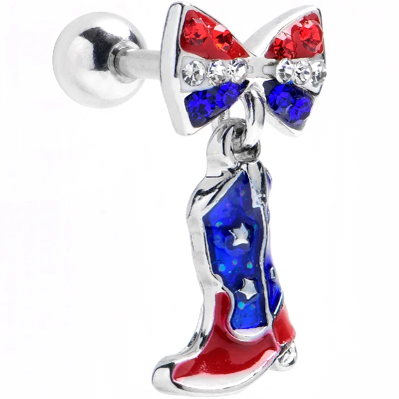 Women's Earrings – Elegant Designs for Every Personality--16 Gauge 1/4 Red Blue Gem Cowboy Boot Patriot Dangle Cartilage Earring
