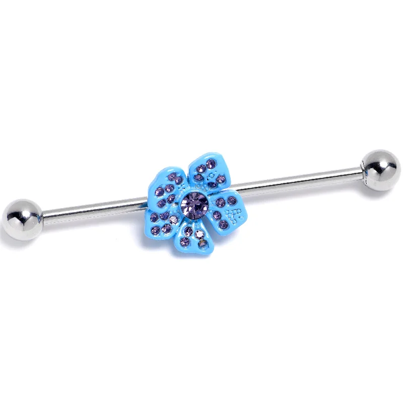 Women's Earrings – Elegant Designs for Every Personality--14 Gauge Purple Gem Flower Blue Bloom Industrial Barbell 38mm