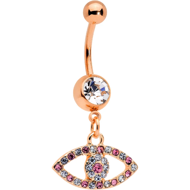 Comfortable Belly Rings for Sensitive Piercings -Pink Clear Gem Rose Gold Tone Wide Eye Dangle Belly Ring Comfortable Belly Rings for Sensitive Piercings -Pink Clear Gem Rose Gold Tone Wide Eye Dangle Belly Ring