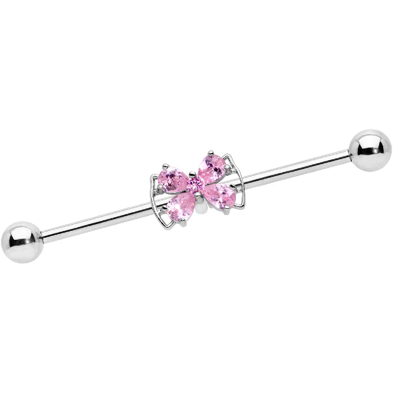 Women's Earrings – Elegant Designs for Every Personality--14 Gauge Pink CZ Gem Beauty Bow Industrial Barbell 38mm