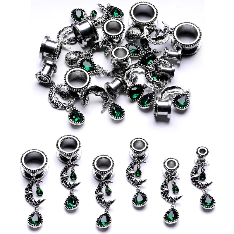 Women's Earrings – Elegant Designs for Every Personality--Green Gem Crescent Moon Dangle Screw Fit Tunnel Plug Set 6mm to 16mm
