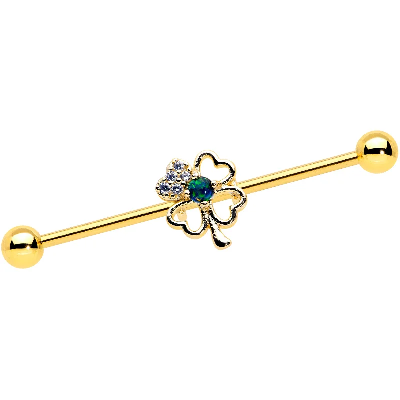 Women's Earrings – Elegant Designs for Every Personality--14 Gauge Green Synthetic Opal Gold Hue Shamrock Industrial Barbell 38mm Women's Earrings – Elegant Designs for Every Personality--14 Gauge Green Synthetic Opal Gold Hue Shamrock Industrial Barbell 38mm
