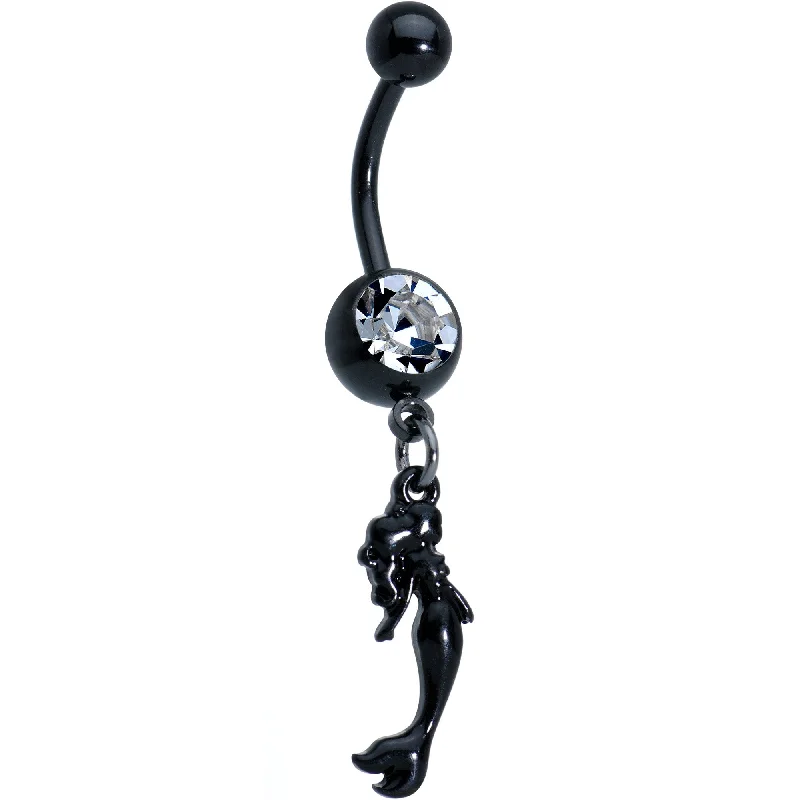 Beautiful Belly Rings with Radiant Stones -Clear Gem Black PVD Diving Mermaid Dangle Belly Ring Beautiful Belly Rings with Radiant Stones -Clear Gem Black PVD Diving Mermaid Dangle Belly Ring