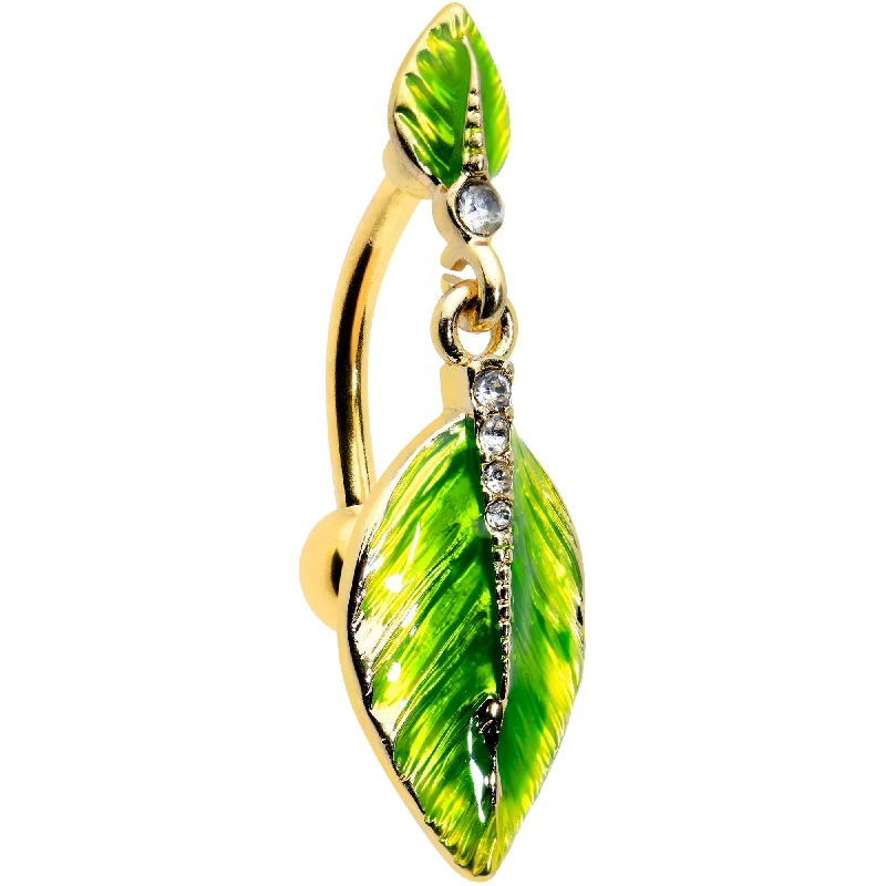 Comfortable Belly Rings with Stylish Accents -Clear Gem Gold Tone Lush Green Leaves Top Mount Belly Ring Comfortable Belly Rings with Stylish Accents -Clear Gem Gold Tone Lush Green Leaves Top Mount Belly Ring