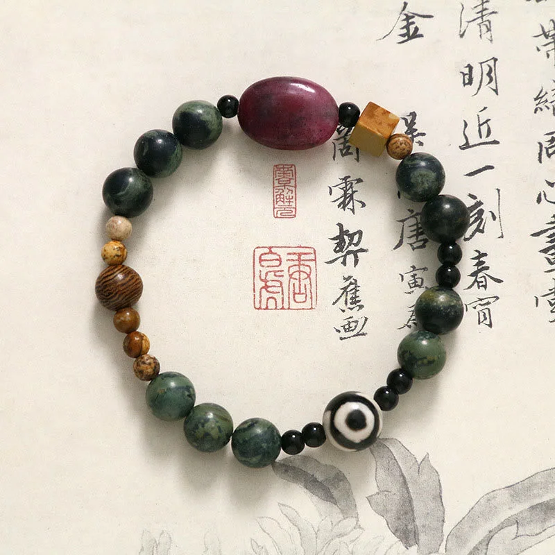 Bracelets for Men with Meaningful Charms-Buddha Stones Green Agate Three-eyed Dzi Bead Power Success Bracelet Bracelets for Men with Meaningful Charms-Buddha Stones Green Agate Three-eyed Dzi Bead Power Success Bracelet