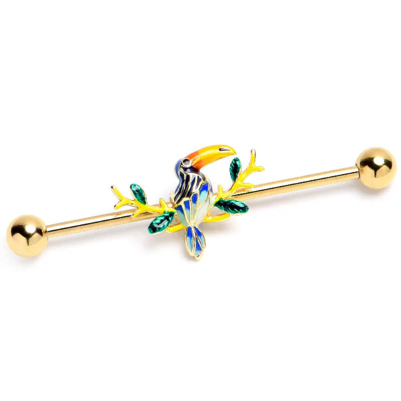 Women's Earrings – Elegant Designs for Every Personality--14 Gauge Green Gem Gold Tone Tropical Toucan Industrial Barbell 38mm Women's Earrings – Elegant Designs for Every Personality--14 Gauge Green Gem Gold Tone Tropical Toucan Industrial Barbell 38mm