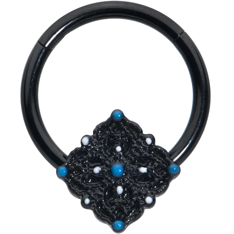 Sophisticated Nose Rings with Simple Designs -16 Gauge 3/8 Black Lacy Rhombus Blue Hinged Segment Ring Sophisticated Nose Rings with Simple Designs -16 Gauge 3/8 Black Lacy Rhombus Blue Hinged Segment Ring