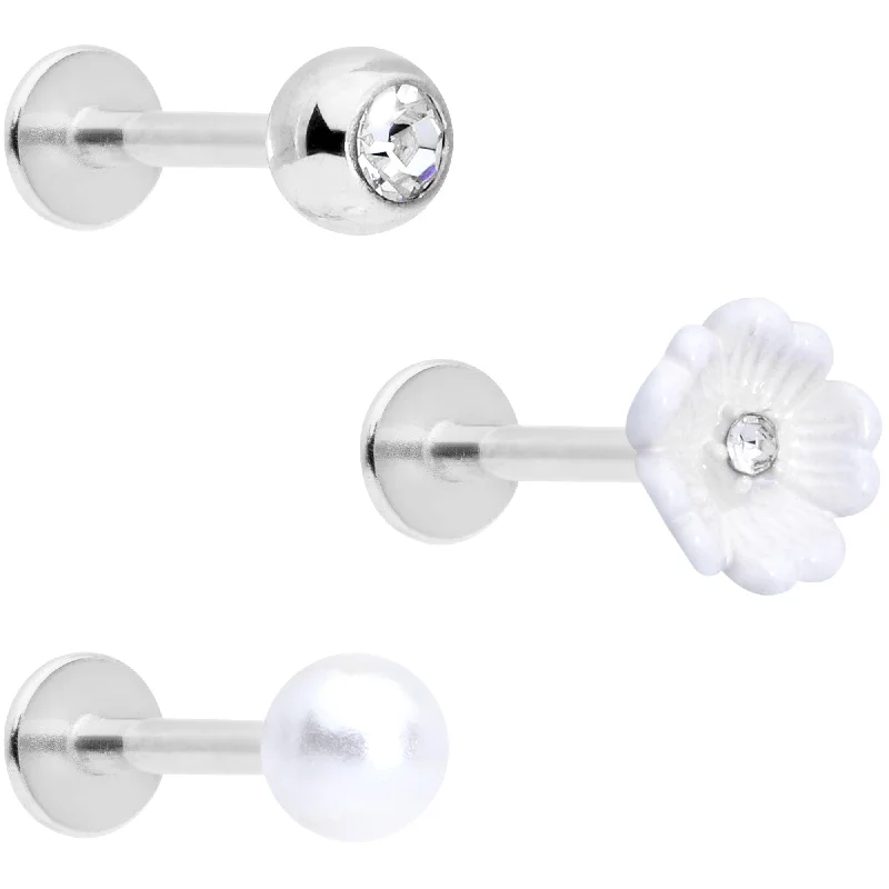 Lip Rings for a Unique Touch16 Gauge 5/16 Clear Gem Flower Labret Tragus Set of 3