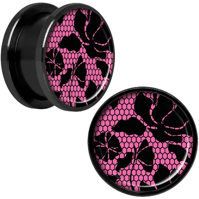 Women's Earrings – Elegant Designs for Every Personality--Pink Floral Lace Black Anodized Screw Fit Plug Set 5/8 Women's Earrings – Elegant Designs for Every Personality--Pink Floral Lace Black Anodized Screw Fit Plug Set 5/8