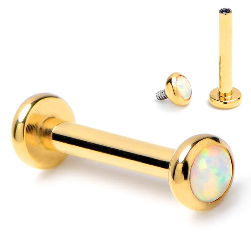 Trendy Lip Rings with Popular Designs16 Gauge 5/16 White Synth Opal Gold Hue ASTM F-136 Implant Grade Titanium Internally Threaded Labret