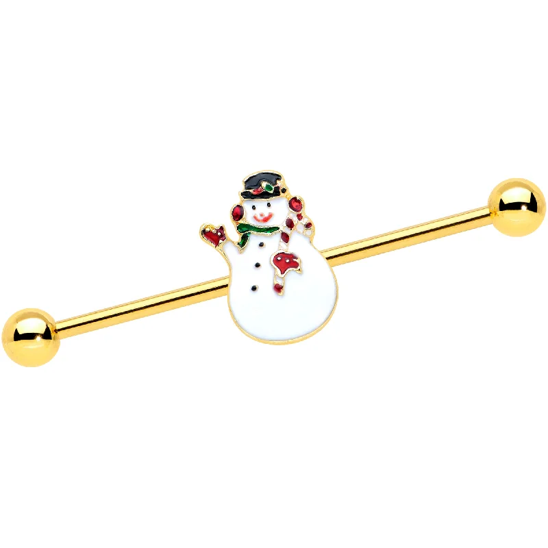 Women's Earrings – Elegant Designs for Every Personality--14 Gauge Gold Tone Winter Snowman Christmas Industrial Barbell 38mm