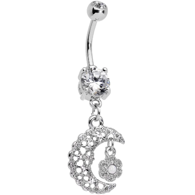 Comfortable Belly Rings for Fashion Forward -White Faux Opal Flower and Moon Dangle Belly Ring Comfortable Belly Rings for Fashion Forward -White Faux Opal Flower and Moon Dangle Belly Ring