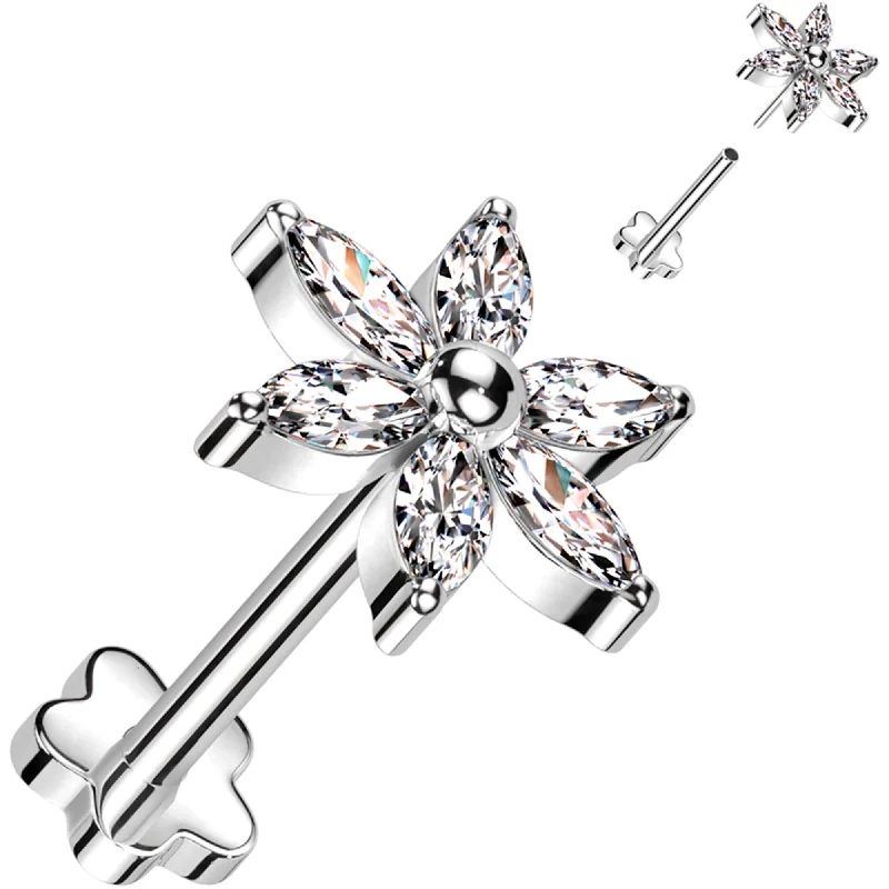 Women's Earrings – Elegant Designs for Every Personality--18 Gauge 5/16 Clear CZ Gem Style Flower Medical Grade Titanium Reversible Flat Back Earring