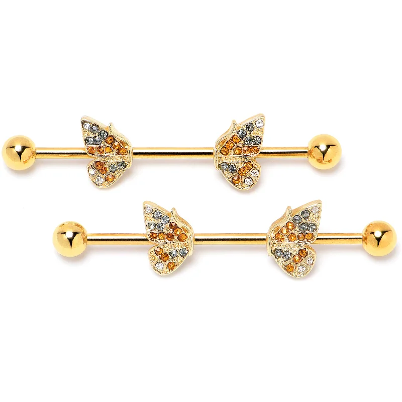 Women's Earrings – Elegant Designs for Every Personality--14 Gauge Orange Gem Gold Tone Butterfly Wings Industrial Barbell 38mm