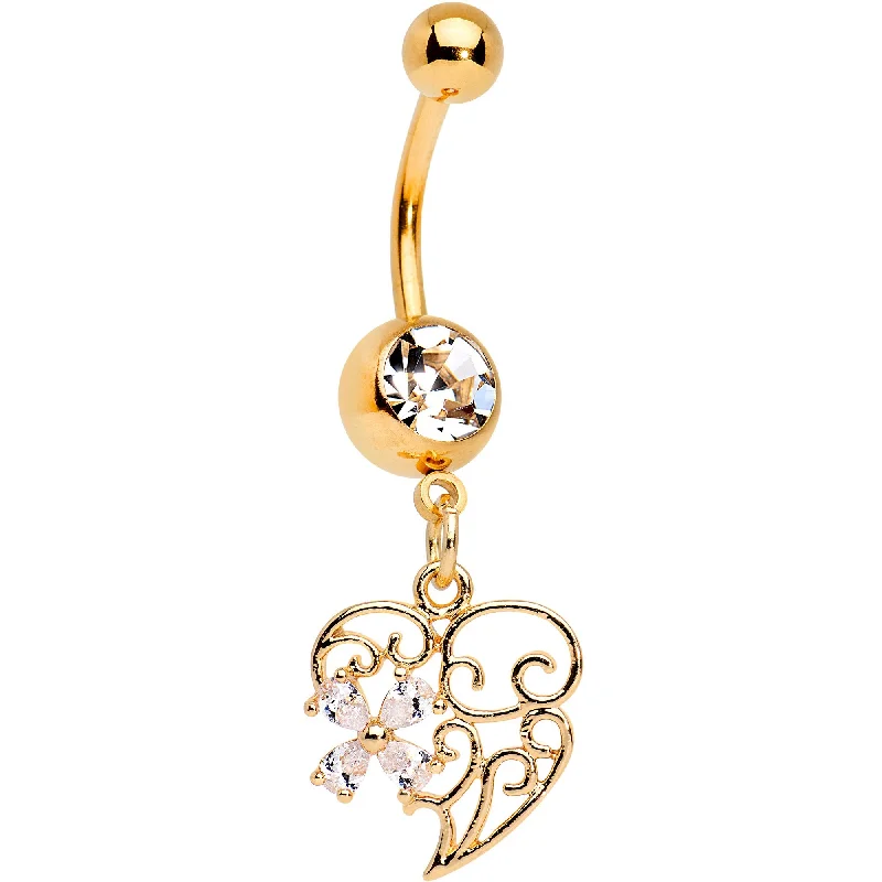 Comfortable Belly Rings for Casual Looks -Clear Gem Gold Tone Anodized Filigree Heart Flower Dangle Belly Ring Comfortable Belly Rings for Casual Looks -Clear Gem Gold Tone Anodized Filigree Heart Flower Dangle Belly Ring