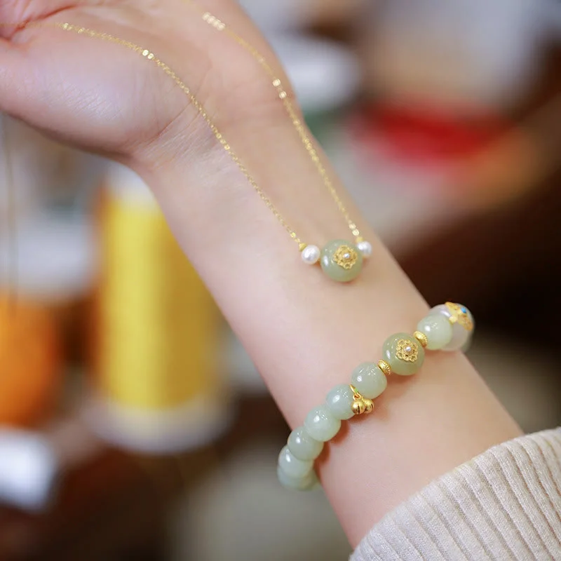Gemstone-Encrusted Bangles for Women-Buddha Stones 925 Sterling Silver Plated Gold Natural Hetian Jade Luck Necklace Pendant Bracelet Set Gemstone-Encrusted Bangles for Women-Buddha Stones 925 Sterling Silver Plated Gold Natural Hetian Jade Luck Necklace Pendant Bracelet Set