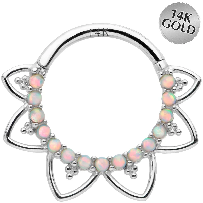 Comfortable and Stylish Nose Rings -16 Gauge 3/8 White Synthetic Opal 14kt White Gold Filigree Hinged Segment Ring Comfortable and Stylish Nose Rings -16 Gauge 3/8 White Synthetic Opal 14kt White Gold Filigree Hinged Segment Ring