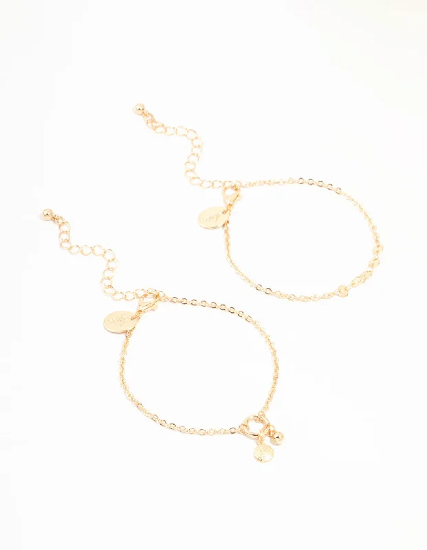 Women's Beaded Bangle Bracelets-Gold Disc & Ball Toggle Charm Bracelets 2-Pack