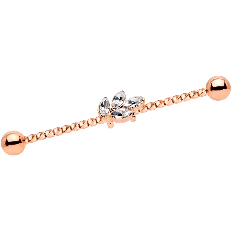 Women's Earrings – Elegant Designs for Every Personality--14 Gauge Clear Gem Rose Gold Tone Leaf Industrial Barbell 38mm