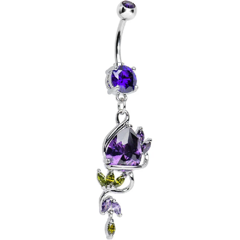Trendy Belly Rings for Bold Fashion -Purple CZ Budding Tulip Flower Dangle Belly Ring