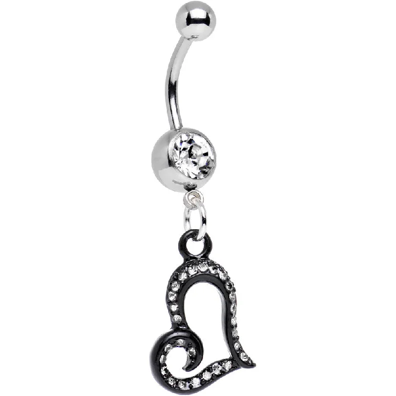 Fashionable Belly Rings for Trendy Looks -Clear Gem Paved Black Asymmetrical Heart Dangle Belly Ring Fashionable Belly Rings for Trendy Looks -Clear Gem Paved Black Asymmetrical Heart Dangle Belly Ring