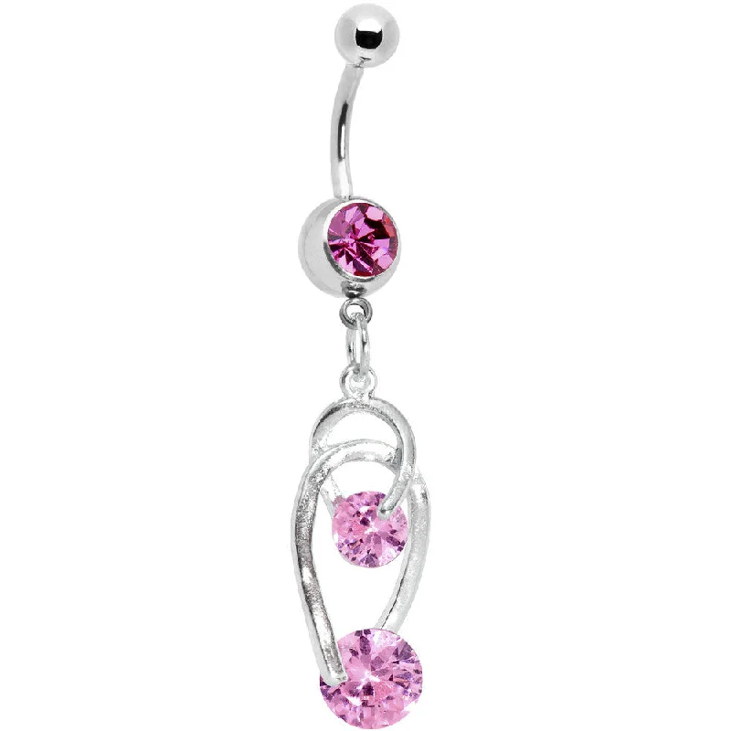Belly Rings for Everyday Wear -Pink Gem Double Drop Horseshoes Belly Ring