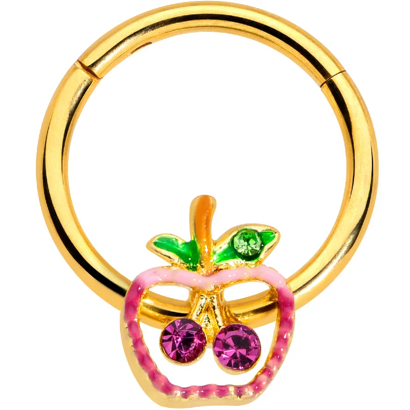 Nose Rings with Radiant Details -16 Gauge 3/8 Pink Purple Gem Gold Hue Apple Cherry Hinged Segment Ring Nose Rings with Radiant Details -16 Gauge 3/8 Pink Purple Gem Gold Hue Apple Cherry Hinged Segment Ring
